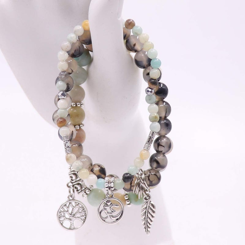 UEUC Tree of Life Yoga Leaf Jasper & Tibetan Agate Gemstone Bracelet, Multi-Layer Natural Stone Healing Chakra Beaded Bracelet, Energy Balance Friendship Bracelet Set - Image 5